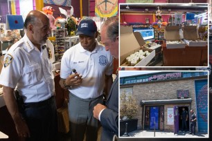 Eric Adams holding a vial containing a joint surrounded by Sheriff Anthony Miranda and Staten Island Borough President Vito Fossella, jars of cannabis in boxes at Nitecap Megastore, the exterior of Nitecap Megastore