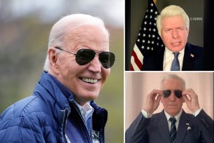 A composite shot, from the left: Joe Biden and then photos of two impersonators.