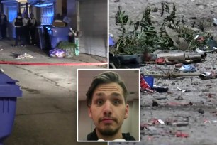 The face of a white man with brown facial hair with his eyebrows raised, in the center, a street scene with police red tape, at left, and blown up fireworks bits on the ground, at right.