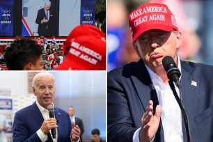 Collage of Donald Trump and Joe Biden, with a man wearing a red hat