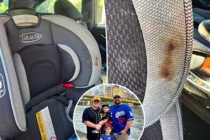 (Left) Mom Emily Perna's burned car seat. (Right) A closeup of Perna's car seat. (Inset) Perna with her husband and kids.