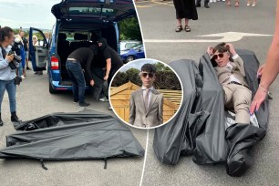 UK teen Lucas Jameson raised eyebrows at his high school prom after arriving at the bash in a body bag as part of a macabre stunt.