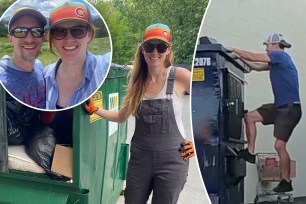 A woman wearing a hat and overalls standing next to a garbage can