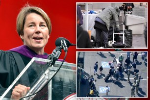 Massachusetts Gov. Maura Healey and migrant families