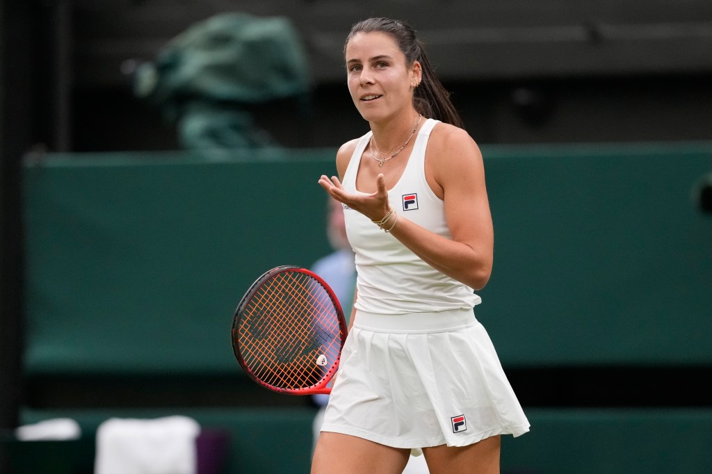 Emma Navarro of the United States reacts after defeating Naomi Osaka.