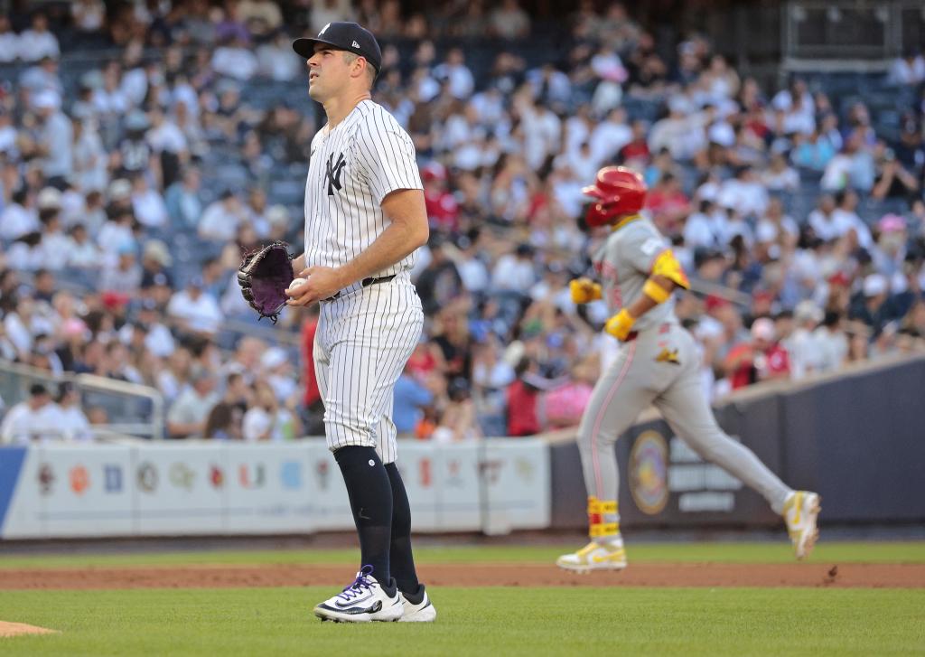 Carlos Rodon reacts in frustration after giving up a two-run homer to  Noelvi Marte in the third inning of the Yankees' loss.