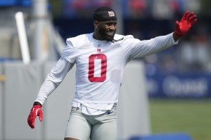 New York Giants' Brian Burns participates in a drill during the NFL football team's training camp in East Rutherford, N.J., Sunday, July 28, 2024.