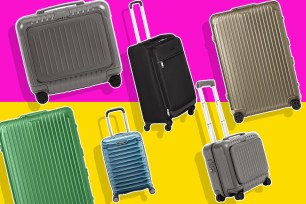 Different pieces of luggage on a multicolored background.