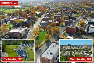 Aerial view of Hartford, Connecticut in autumn showing a collage of buildings and trees