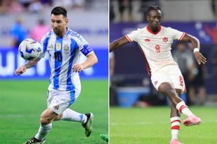 Collage of football players themed around a match between Argentina and Canada