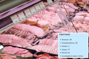 Display case filled with an assortment of meat products and cold cuts in a delicatessen shop, with some "fast facts" about Listeria cases inset in a blue box.