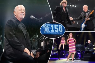 Billy Joel, Axl Rose, Joel's daughters Remy Anne and Della Rose, and Joel's 150 MSG banner.