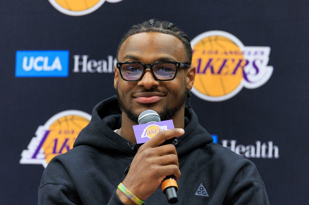 Bronny James speaks during his Lakers news conference on Tuesday.