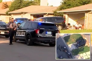 Police car seen in front of house where shooting reportedly took place; inset showing large police presence in neighborhood, overhead shot of police on the street