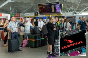 People waiting in line at airport and CrowdStrike logo