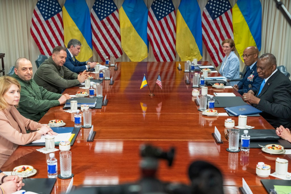 
Defense Secretary Lloyd Austin, at right, with with Ukraine's Defense Minister Rustem Umerov, across table second from left, at the Pentagon, Tuesday, July 2, 2024, in Washington.