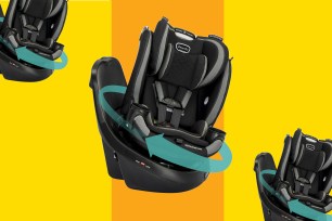 A baby car seat with a blue arrow