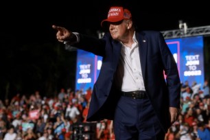 Former U.S. President Donald Trump leaves after speaking at a campaign rally at the Trump National Doral Golf Club on July 09, 2024 in Doral, Florida.