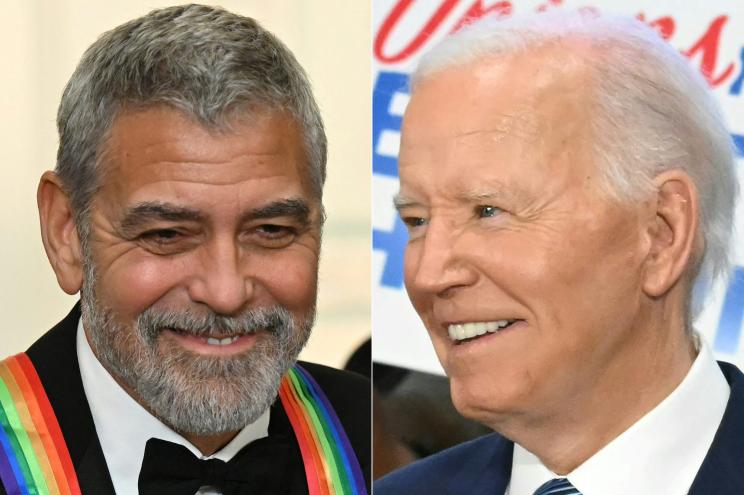 This combination of file pictures created on July 10, 2024 shows, US actor George Clooney (L) in the East Room of the White House in Washington, DC, on December 4, 2022; and President Joe Biden meeting union members in Washington, DC, on July 10, 2024.