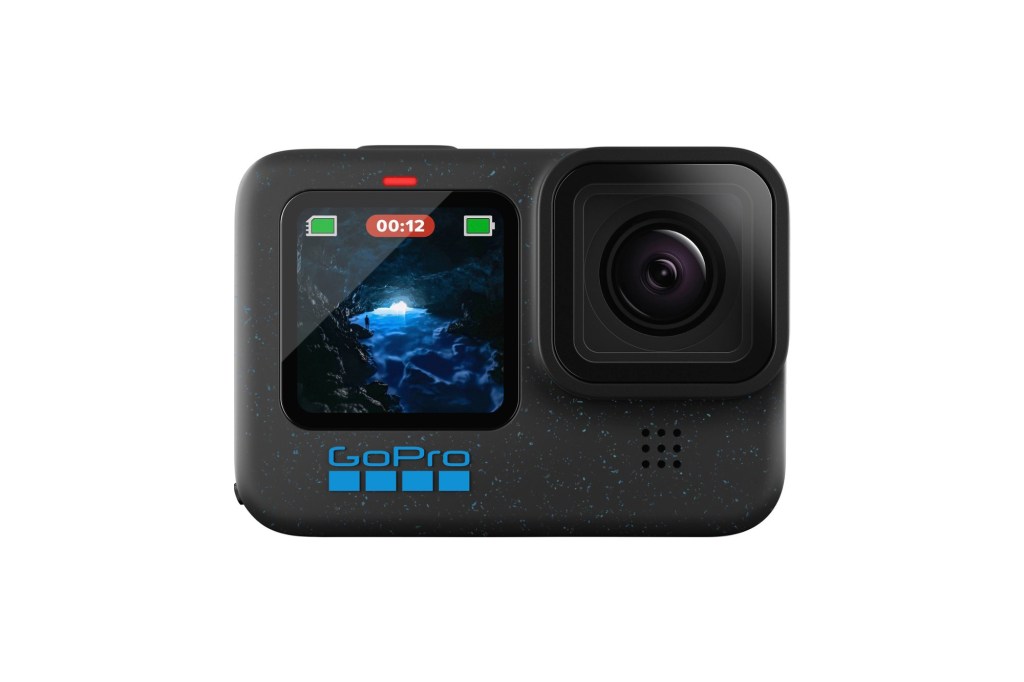 A black GoPro camera with a screen