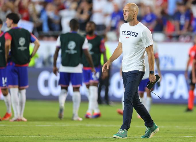 Gregg Berhalter, Head Coach of United States looks dejected after the team's elimination during the CONMEBOL Copa America 2024 Group C match between United States and Uruguay at GEHA Field at Arrowhead Stadium on July 01, 2024 in Kansas City, Missouri.