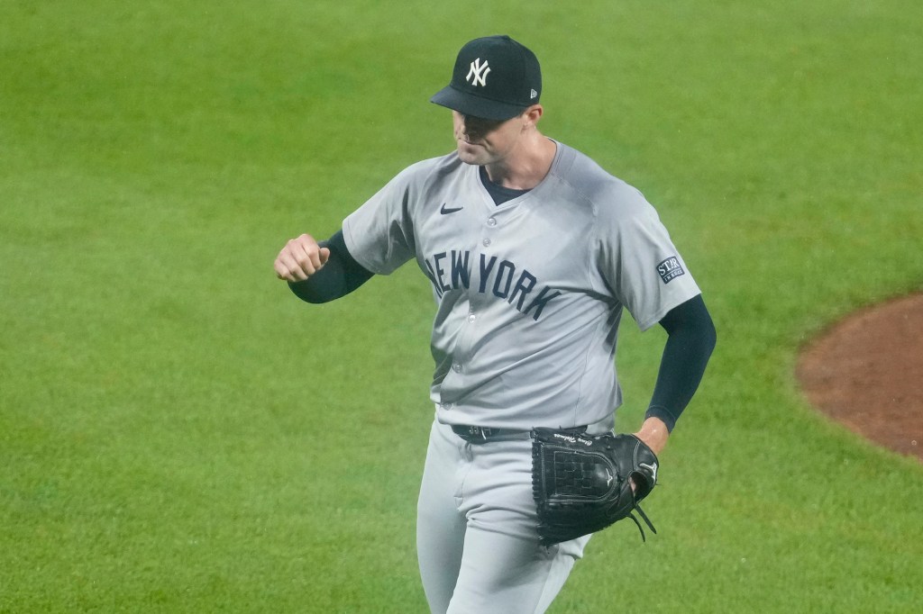 Clay Holmes celebrates the Yankees' win against the Orioles on Friday.