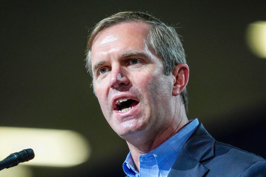 Kentucky Governor Andy Beshear addresses the VFW National Convention in Louisville, Kentucky, Monday, July 29, 2024.