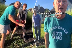 Screenshots from viral TikTok video showing man grabbing boy's fishing pole at left; at right, man seen getting in boy who was filming's face, caption reading "drunk karen breaks $200 rod"