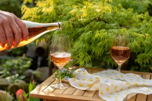 Waiter pouring cold orange wine into glasses on an outdoor garden terrace in sunny day