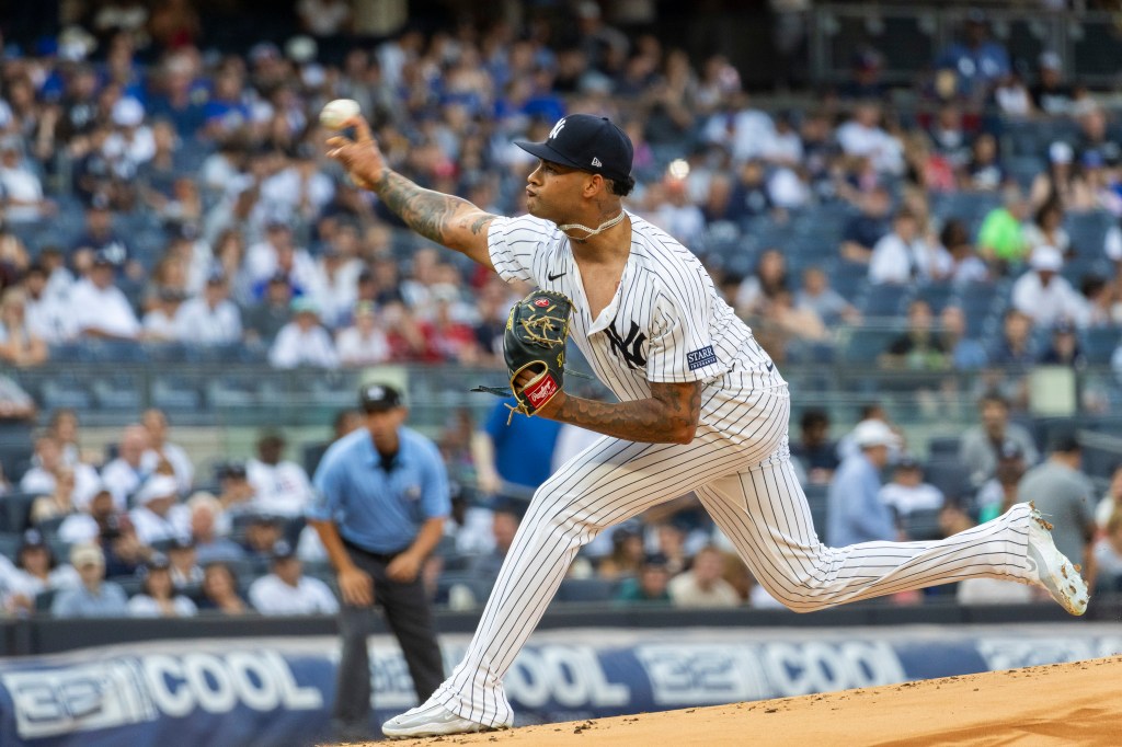 Yankees pitcher Luis Gil throws a pitch in the first inning 