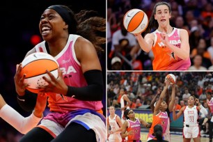 Arike Ogunbowale (left), Caitlin Clark (top right) and Angel Reese (bottom right)