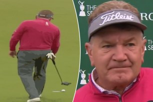 Paul Broadhurst whiffs Senior British Open shot