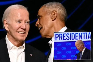 US President Joe Biden and former President Barack Obama in conversation at a campaign fundraiser at the Peacock Theater in Los Angeles, June 15, 2024