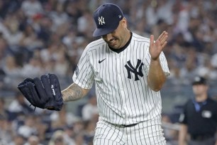 Nestor Cortes celebrates after striking out the side to end the sixth inning of the Yankees' 5-3, 10-inning loss to the Red Sox.