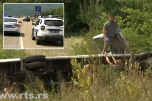 composite of image of an overturned van in serbia