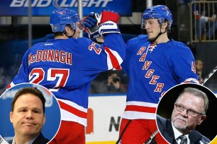 Ryan McDonagh and J.T. Miller with the Rangers in 2013; insets: Jeff Gorton, Rick Middleton