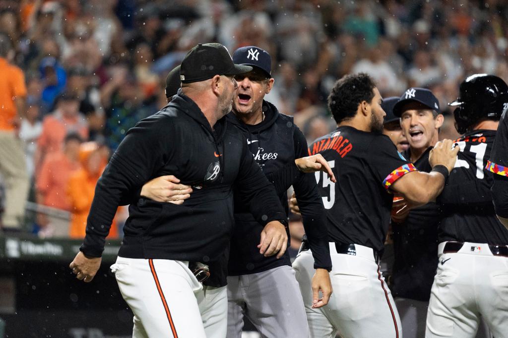 Benches cleared between the Yankees and the Orioles in the ninth inning.