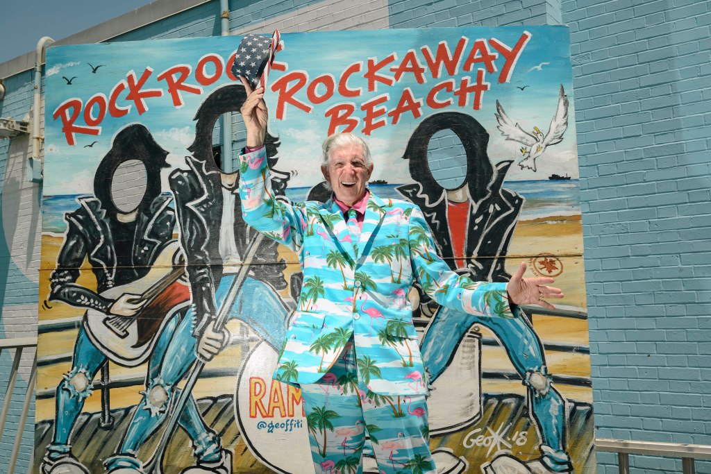 Owen Loof, titled as 'The Best Dressed Man in Rockaway', wearing his favorite flamingo suit on Rockaway Beach boardwalk, Queens, NY