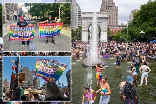 People celebrating in Washington Square Fountain after the New York City Pride March on June 30, 2024