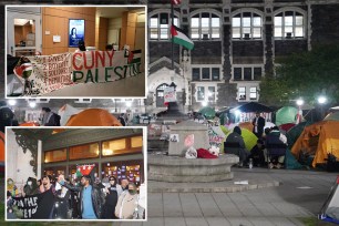 Protesters in CUNY building holding "CUNY 4 Palestine" banner at top left; bottom left showing group of demonstrators outside CUNY Graduate Center with flags and banners; Pro-Palestine protester tent encampment in the center plaza of CUNY's City College at right