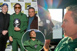 Robert Downey Jr., Kevin Feige, and another Robert Downey Jr. reacting to Dr. Doom in Avengers and Fantastic Four, man in a green suit.