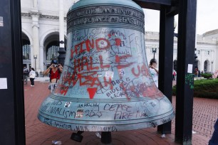 Graffiti is written on Union Station during a demonstration against the Israeli operations in Gaza and US weapons sales to Israel on the day of the visit of Prime Minister of Israel Benjamin Netanyahu on Capitol Hill in Washington, DC, USA, 24 July 2024.