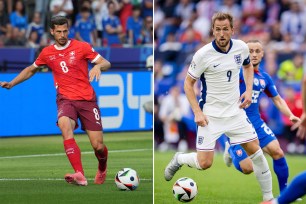 Collage of football players, including Harry Kane and Remo Freuler, in a Switzerland versus England match