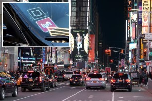 Uber and Lyft stickers in drivers windshield at top left inset; at right, street view of traffic and cars driving through Times Square