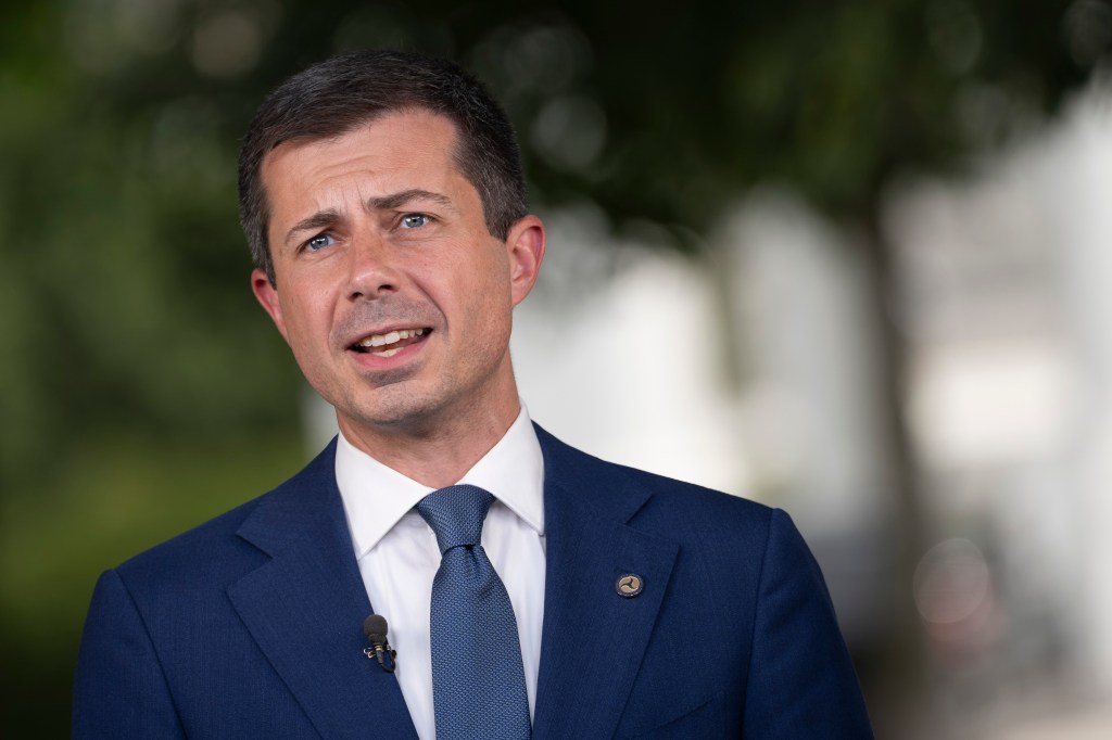 United States Secretary of Transportation Pete Buttigieg speaks during a television interview at the White House in Washington, DC.