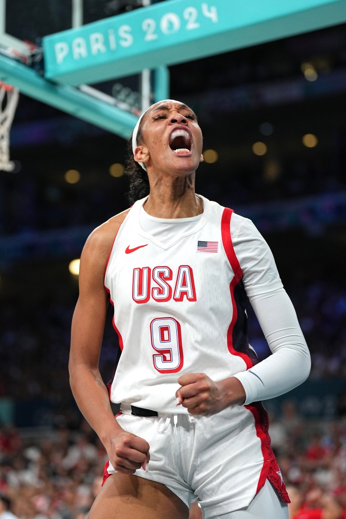 A'ja Wilson #9 of Team USA celebrates during the game against Team Japan on July 29, 2024 at the Stade Pierre Mauroy in Paris, France. 