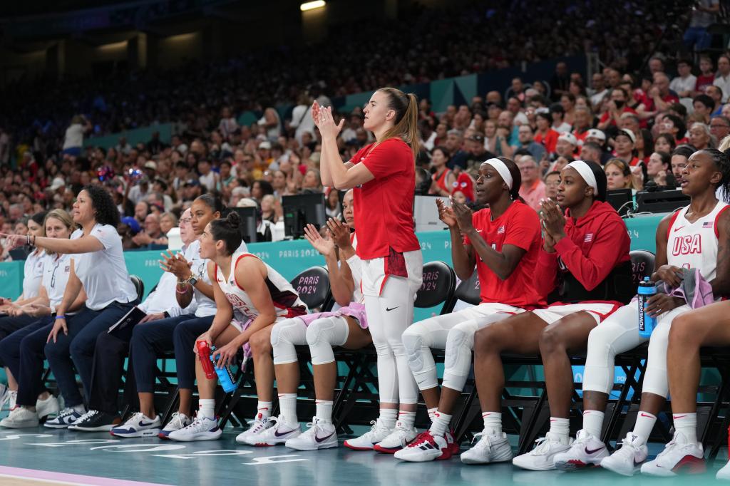  Team USA celebrates during the game against Team Japan on July 29, 2024 at the Stade Pierre Mauroy in Paris, France.