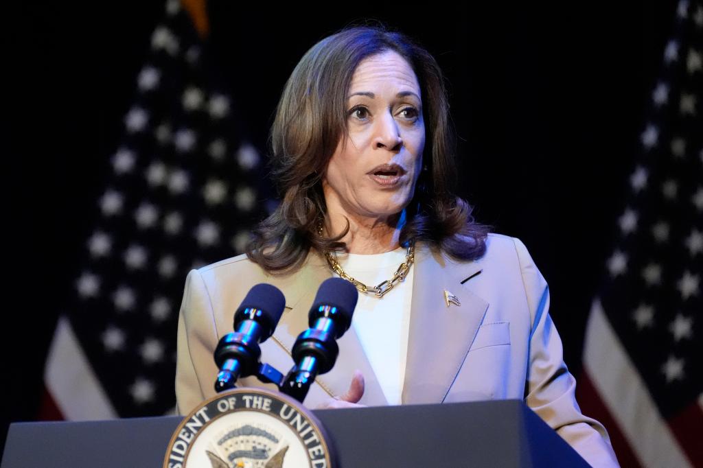 Vice President Kamala Harris delivering remarks at a campaign event in Pittsfield, Mass., standing at a podium with microphones, July 27, 2024.