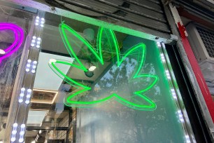 Illuminated neon marijuana leaf shape in the window of a smoke shop in Harlem, New York City.