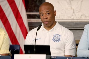 Mayor Eric Adams speaks during his weekly in-person media availability at City Hall on July 2, 2024 in New York City.